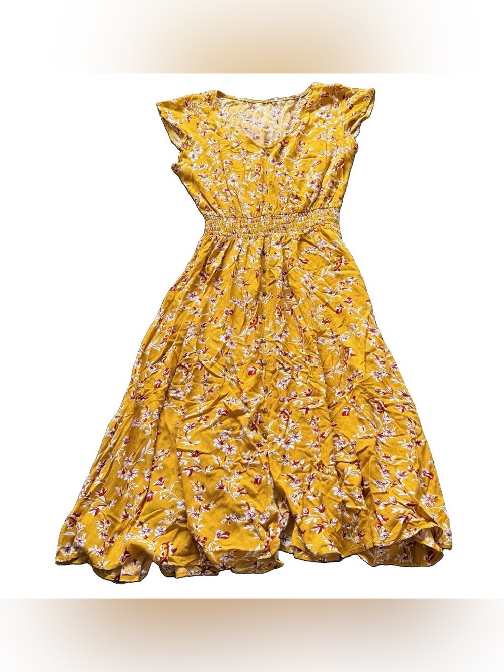 Women’s Floral Midi Dress Mustard Yellow Smocked Waist Button Front Pockets S/M